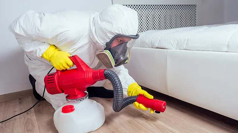 Bed bug disinfestation technician performing treatment on a mattress.